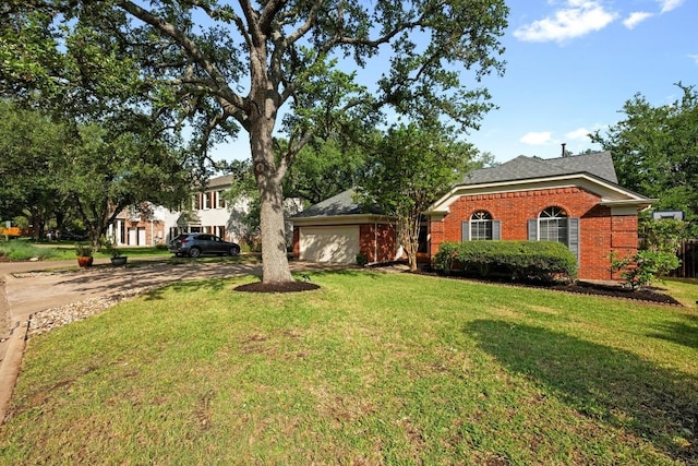 single story home featuring brick siding, fence, a garage, dirt driveway, and a front yard