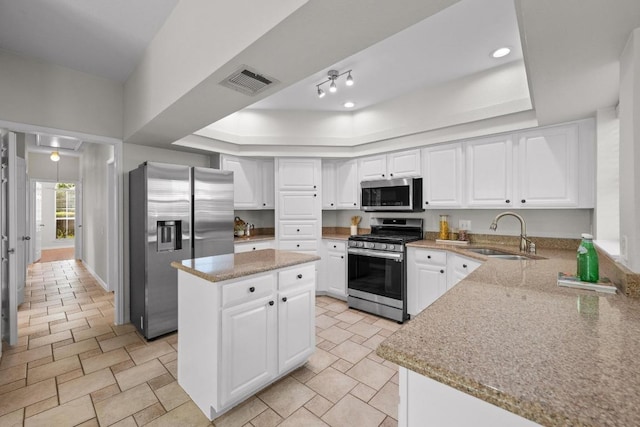 kitchen featuring appliances with stainless steel finishes, visible vents, a tray ceiling, and a sink