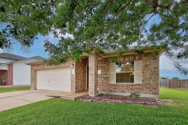 ranch-style home featuring fence, concrete driveway, an attached garage, brick siding, and a front yard