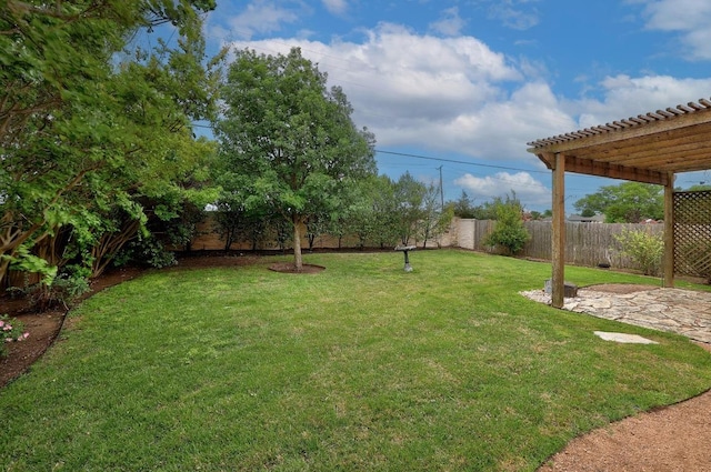 view of yard featuring a pergola, a fenced backyard, and a patio area