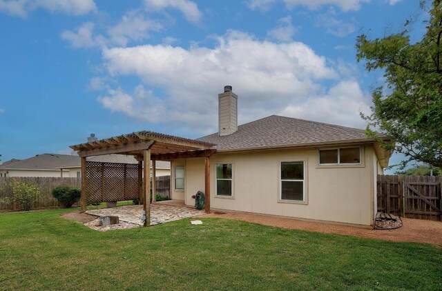 rear view of property featuring a fenced backyard, a pergola, a chimney, and a patio