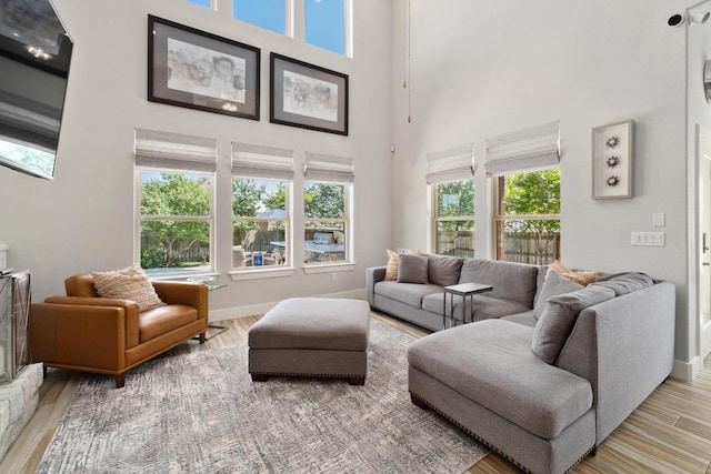 20401 Great Egret Ln, Pflugerville, TX 78660 - living area featuring a towering ceiling and light wood-type flooring