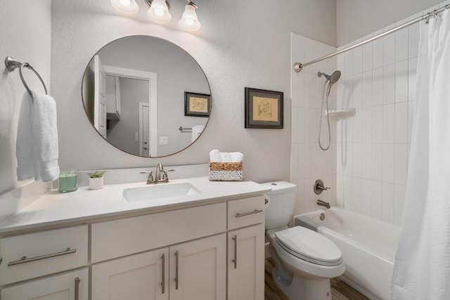 20401 Great Egret Ln, Pflugerville, TX 78660 - bathroom with vanity, shower / bath combination with curtain, and a textured wall
