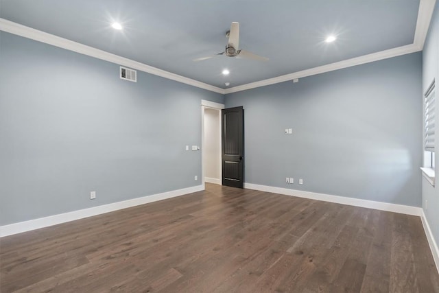 8 Cove Creek Ln, Austin, TX 78738 - spare room featuring ornamental molding, ceiling fan, dark wood-type flooring, and recessed lighting