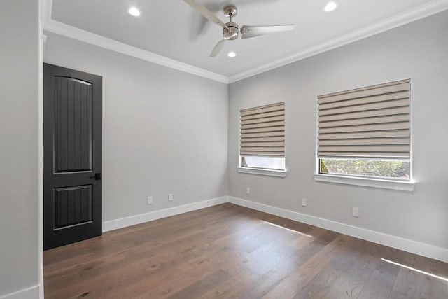 8 Cove Creek Ln, Austin, TX 78738 - empty room with ornamental molding, ceiling fan, recessed lighting, and dark wood-style floors