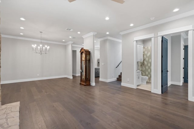 8 Cove Creek Ln, Austin, TX 78738 - unfurnished living room featuring recessed lighting, ornamental molding, stairway, dark wood-style flooring, and a chandelier
