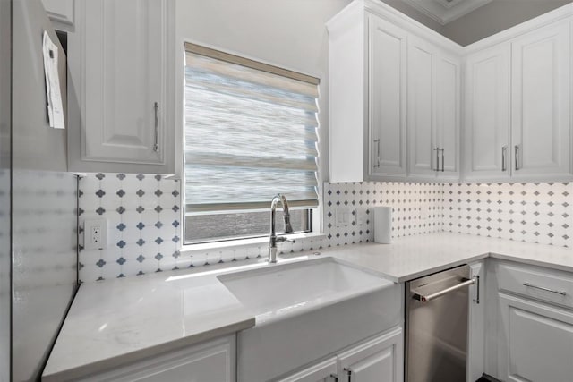 8 Cove Creek Ln, Austin, TX 78738 - kitchen with backsplash, light countertops, white cabinets, and crown molding