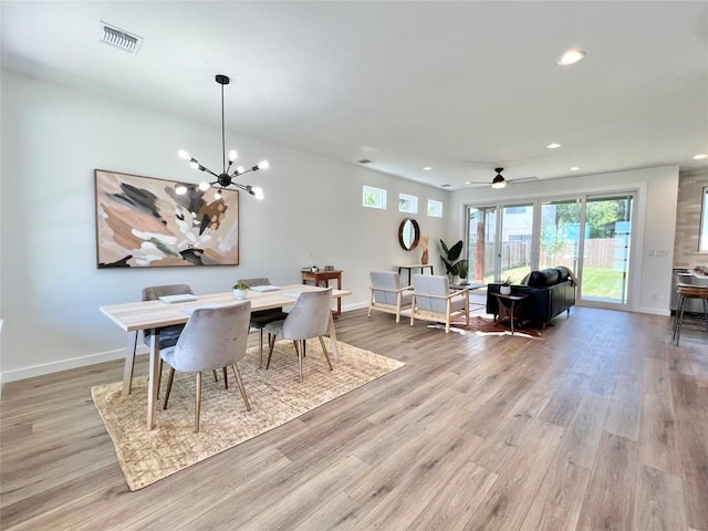 407 Delmar Ave Unit A, Austin, TX 78752 - dining space with recessed lighting, healthy amount of natural light, light wood-style flooring, a chandelier, and a ceiling fan