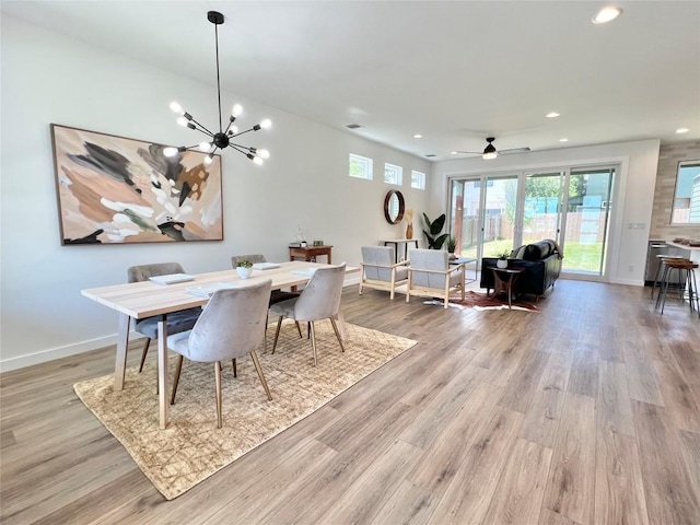 407 Delmar Ave Unit A, Austin, TX 78752 - dining space featuring recessed lighting, plenty of natural light, light wood-style floors, a chandelier, and a ceiling fan