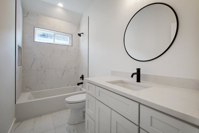 full bathroom with marble finish floor, toilet, vanity, and  shower combination