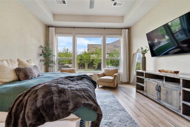 2500 Yuma Trl, Leander, TX 78641 - bedroom with a tray ceiling, light wood finished floors, and a ceiling fan