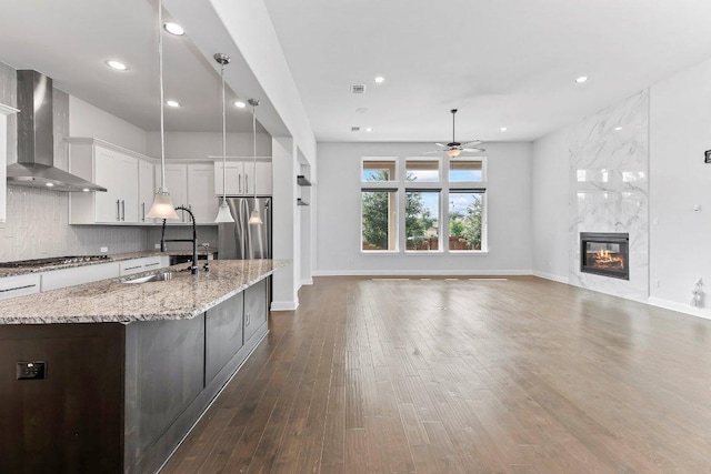 4201 Arques Ave, Round Rock, TX 78681 - kitchen with wall chimney exhaust hood, a ceiling fan, a sink, appliances with stainless steel finishes, and recessed lighting