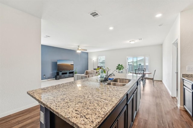 12700 Robert Taft St, Manor, TX 78653 - kitchen with wood finished floors, a ceiling fan, light stone counters, a kitchen island with sink, and open floor plan