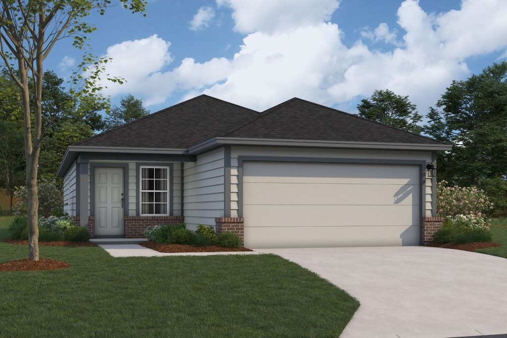 ranch-style home featuring a shingled roof, an attached garage, driveway, brick siding, and a front yard