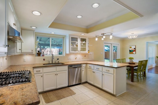 11204 Deadoak Ln, Austin, TX 78759 - kitchen with stainless steel appliances, a tray ceiling, recessed lighting, ornamental molding, and a peninsula