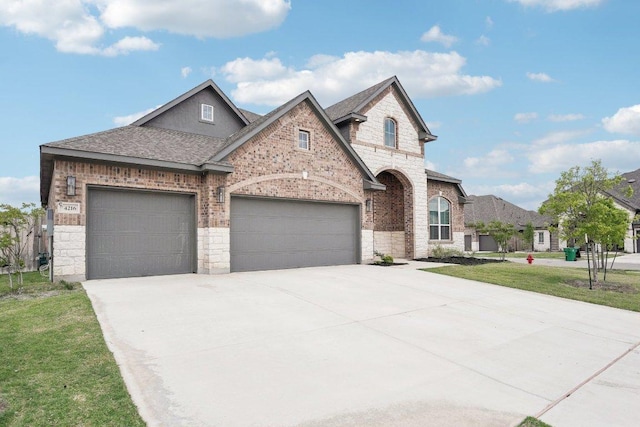 french country inspired facade featuring concrete driveway, stone siding, brick siding, a front yard, and a garage