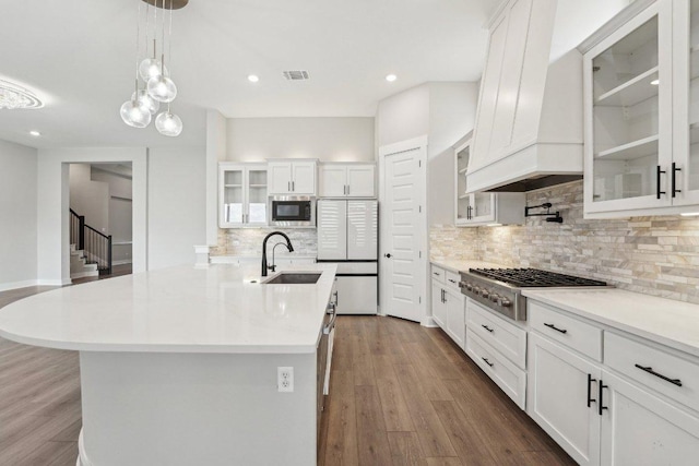 kitchen with light countertops, a sink, premium range hood, decorative backsplash, and appliances with stainless steel finishes