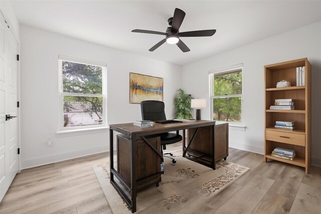 office featuring light wood-type flooring, a ceiling fan, and baseboards