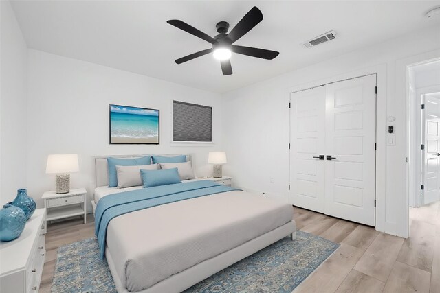 bedroom featuring a ceiling fan, a closet, visible vents, and light wood-type flooring