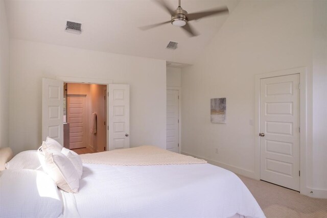 bedroom featuring high vaulted ceiling, ceiling fan, light colored carpet, baseboards, and visible vents
