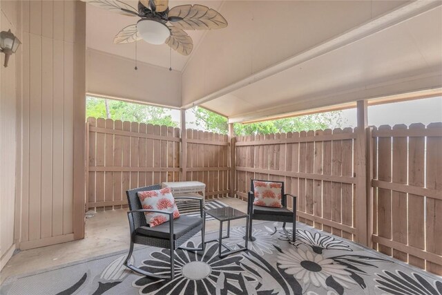 view of patio with ceiling fan, an outdoor hangout area, and fence