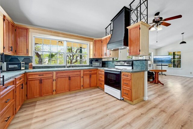 kitchen with backsplash, white electric range, light wood finished floors, and a sink