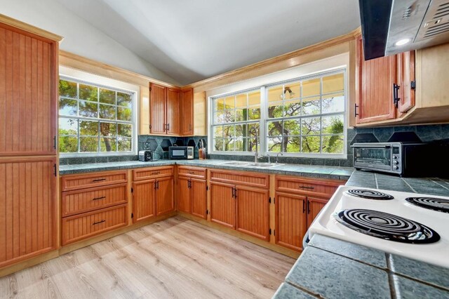 kitchen featuring backsplash, vaulted ceiling, a sink, black microwave, and light wood-type flooring