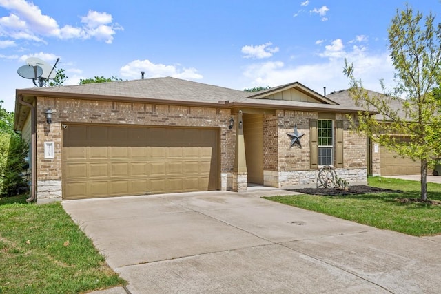ranch-style house with driveway, stone siding, a shingled roof, a garage, and brick siding