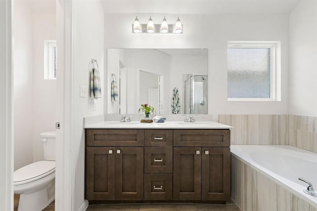 full bath featuring a sink, double vanity, toilet, a shower stall, and a garden tub