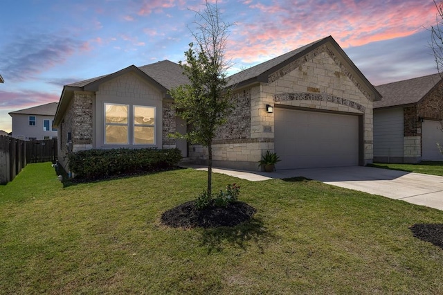 ranch-style home featuring a front lawn, driveway, stone siding, fence, and an attached garage