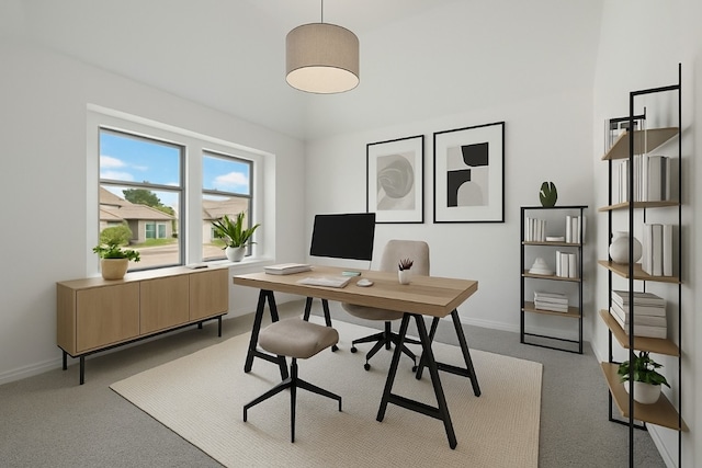 office area with light carpet and baseboards