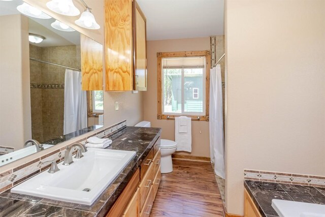 full bath featuring a shower with curtain, wood finished floors, vanity, and toilet