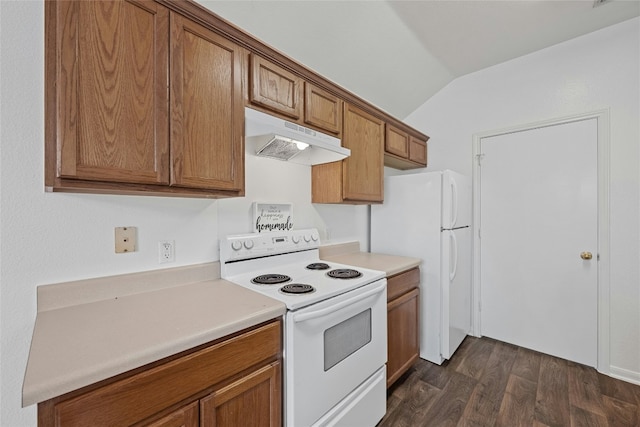 3201 El Salido Pkwy Bldg E, Cedar Park, TX 78613 - kitchen featuring brown cabinets, white appliances, lofted ceiling, under cabinet range hood, and dark wood-type flooring