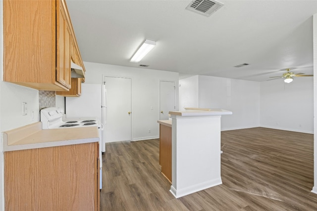 3201 El Salido Pkwy Bldg E, Cedar Park, TX 78613 - kitchen featuring ceiling fan, visible vents, light countertops, electric range, and dark wood-style floors