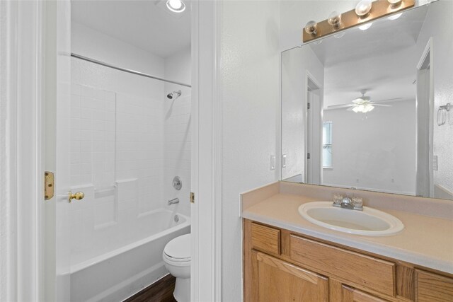 3201 El Salido Pkwy Bldg E, Cedar Park, TX 78613 - bathroom featuring  shower combination, toilet, a ceiling fan, wood finished floors, and vanity