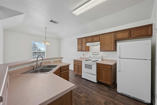 3201 El Salido Pkwy Bldg E, Cedar Park, TX 78613 - kitchen with a sink, dark wood finished floors, visible vents, white appliances, and under cabinet range hood