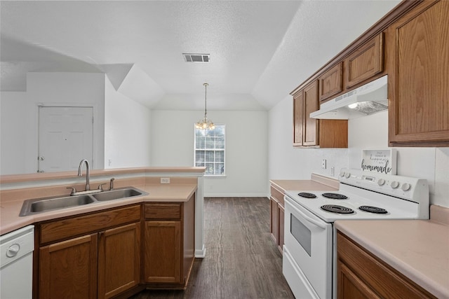 3201 El Salido Pkwy Bldg E, Cedar Park, TX 78613 - kitchen featuring brown cabinets, under cabinet range hood, visible vents, a sink, and white appliances