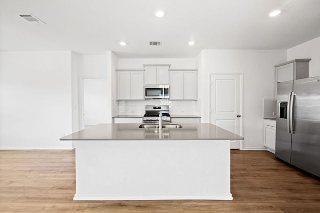 110 Madrid, Kyle, TX 78640 - kitchen with stainless steel appliances, a sink, a kitchen island with sink, decorative backsplash, and light wood-style flooring