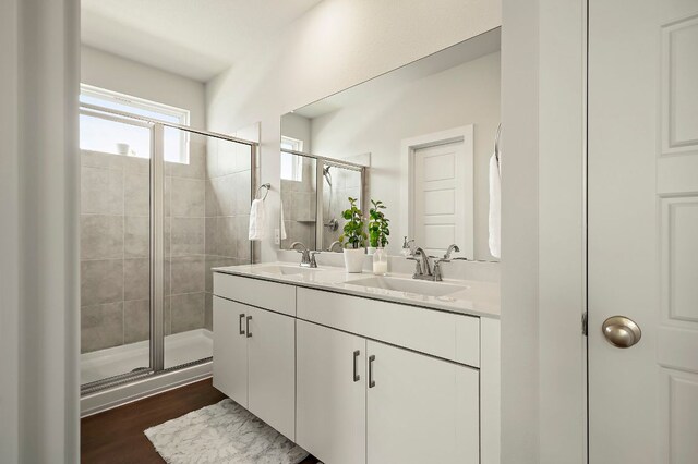 bathroom featuring double vanity, a stall shower, wood finished floors, and a sink