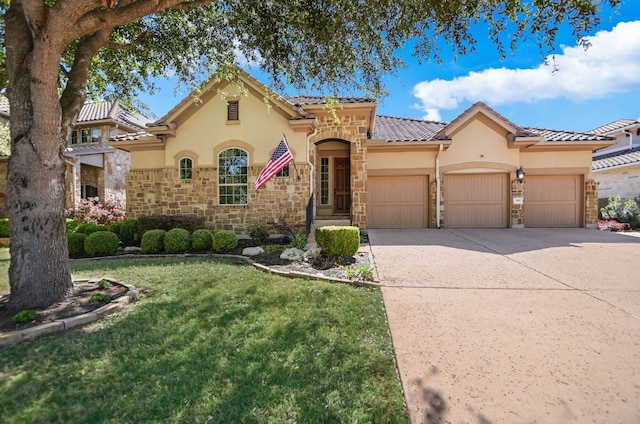 300 Horseback Holw, Austin, TX 78732 - mediterranean / spanish house with a garage, stucco siding, stone siding, and a front lawn