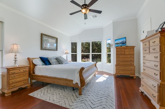 300 Horseback Holw, Austin, TX 78732 - bedroom with dark wood-style flooring, lofted ceiling, ornamental molding, and a ceiling fan
