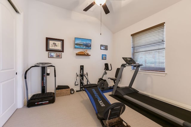 300 Horseback Holw, Austin, TX 78732 - workout area with vaulted ceiling, a ceiling fan, and carpet floors