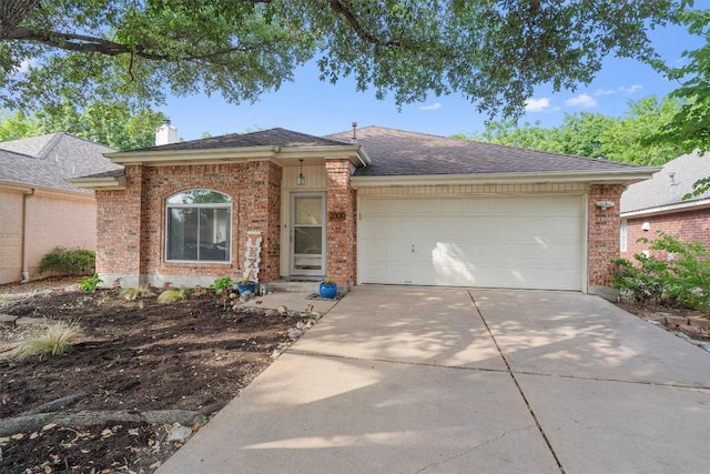 ranch-style house with a chimney, concrete driveway, brick siding, an attached garage, and a shingled roof