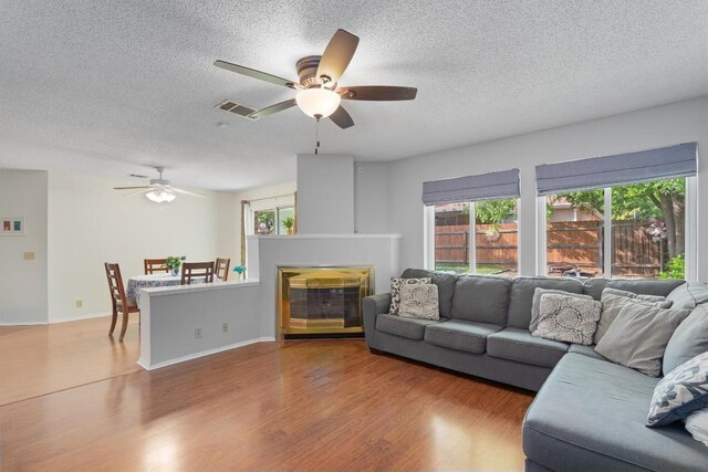 2300 Rick Whinery Dr, Austin, TX 78728 - living room with a ceiling fan, a textured ceiling, wood finished floors, a glass covered fireplace, and baseboards