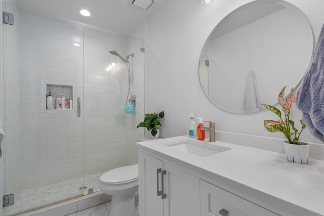 2300 Rick Whinery Dr, Austin, TX 78728 - full bathroom with vanity, toilet, a stall shower, and recessed lighting