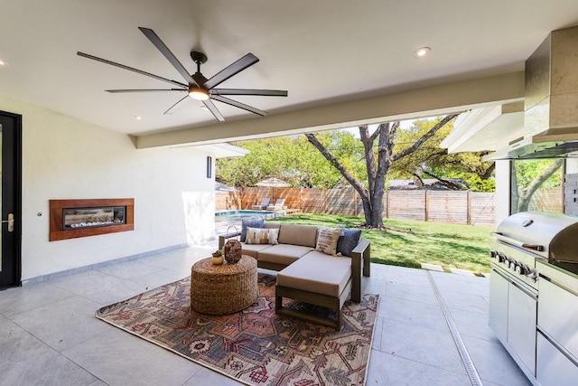 view of patio featuring a fenced backyard, an outdoor living space, a ceiling fan, and a fenced in pool