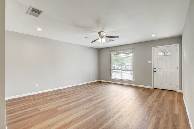 6603 Krollton Dr, Austin, TX 78745 - foyer entrance featuring ceiling fan, light wood-style flooring, and recessed lighting