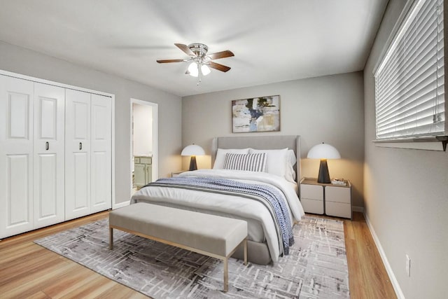 6603 Krollton Dr, Austin, TX 78745 - bedroom with wood finished floors, baseboards, ceiling fan, ensuite bath, and a closet