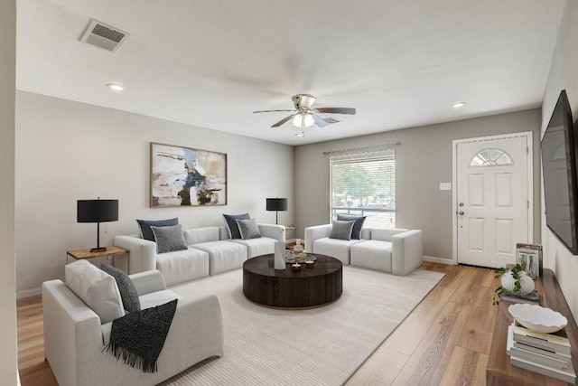 6603 Krollton Dr, Austin, TX 78745 - living area featuring ceiling fan, light wood-type flooring, and recessed lighting