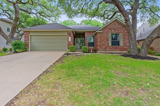 8104 Isaac Pryor Dr, Austin, TX 78749 - ranch-style house with driveway, a chimney, brick siding, an attached garage, and a front yard